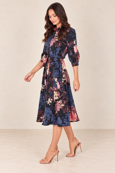 Love Sunshine Navy Vintage Floral Print Belted Midi Shirt Dress Brunch Dress Casual Dress Dress with Pockets Dresses Everyday Dress LS-2045 Workwear Dress