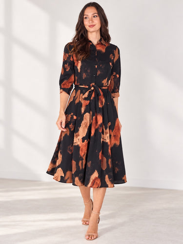 Black and Rust Abstract Print Belted Midi Shirt Dress