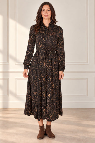 Love Sunshine Black & Camel Spiral Print Belted Midi Shirt Dress Brunch Dress Casual Dress DB Dress with Pockets Dresses Everyday Dress Garden Party Dress Long Sleeve Dress LS-2037 Wedding Guest Dress