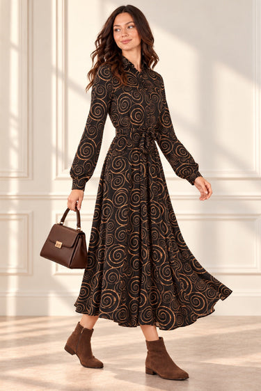 Love Sunshine Black & Camel Spiral Print Belted Midi Shirt Dress Brunch Dress Casual Dress DB Dress with Pockets Dresses Everyday Dress Garden Party Dress Long Sleeve Dress LS-2037 Wedding Guest Dress