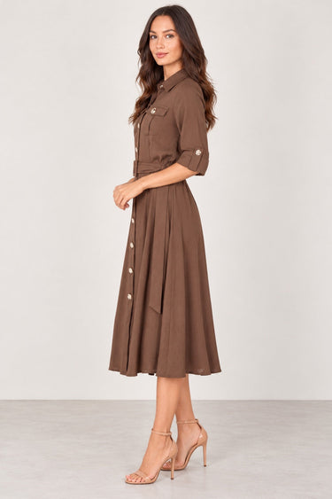 Love Sunshine Chocolate Utility Belted Midi Shirt Dress Brunch Dress Casual Dress Dress with Pockets Dresses Everyday Dress Workwear Dress