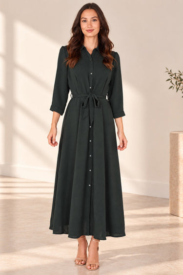 Emerald Textured Belted Maxi Shirt Dress
