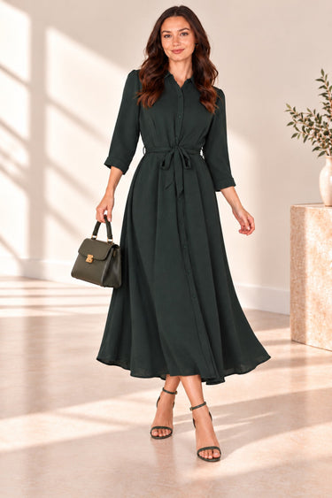 Emerald Textured Belted Maxi Shirt Dress