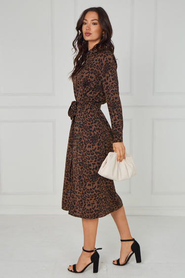 Brown Leopard Print Tie-Waist Button Midi Shirt Dress