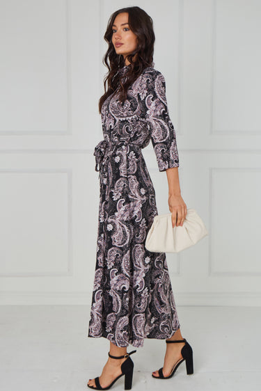 Black Ornate Print Belted Midaxi Shirt Dress