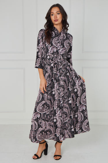 Black Ornate Print Belted Midaxi Shirt Dress