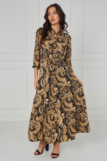 Gold Ornate Print Belted Midaxi Shirt Dress