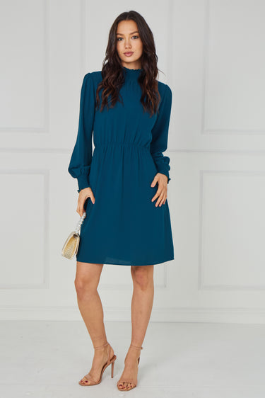 Teal Shirred Neck Long Sleeve Dress