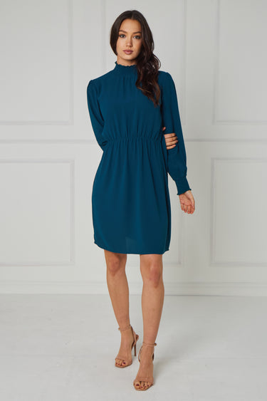 Teal Shirred Neck Long Sleeve Dress