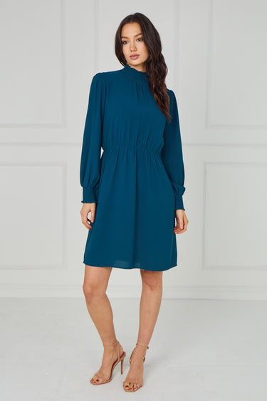 Teal Shirred Neck Long Sleeve Dress