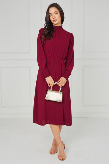 Ruby Red Shirred High Neck Midaxi Dress