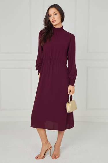 Merlot Shirred High Neck Midaxi Dress