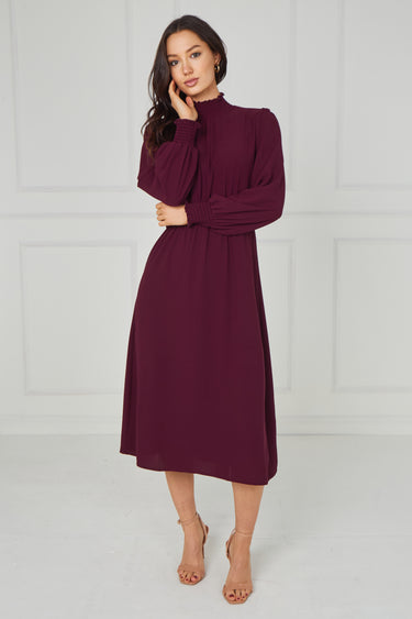 Merlot Shirred High Neck Midaxi Dress