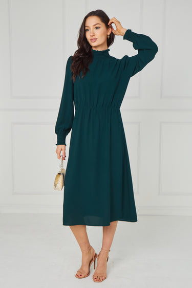 Emerald Green Shirred High Neck Midaxi Dress