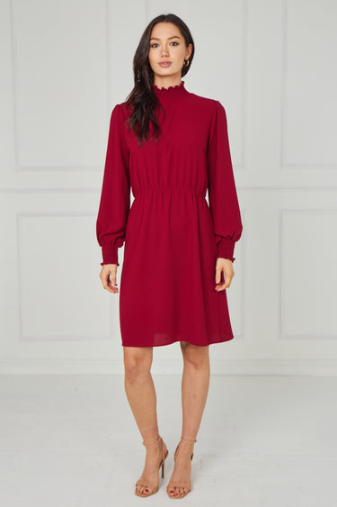 Red Shirred Neck Long Sleeve Dress