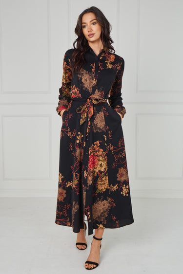 Black Vintage Bloom Printed Maxi Shirt Dress