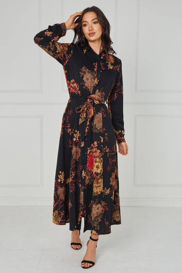 Black Vintage Bloom Printed Maxi Shirt Dress