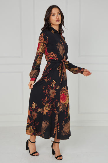 Black Vintage Bloom Printed Maxi Shirt Dress