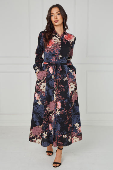 Navy Vintage Bloom Printed Maxi Shirt Dress