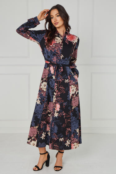Navy Vintage Bloom Printed Maxi Shirt Dress