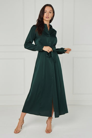 Emerald Velvety Satin Maxi Shirt Dress
