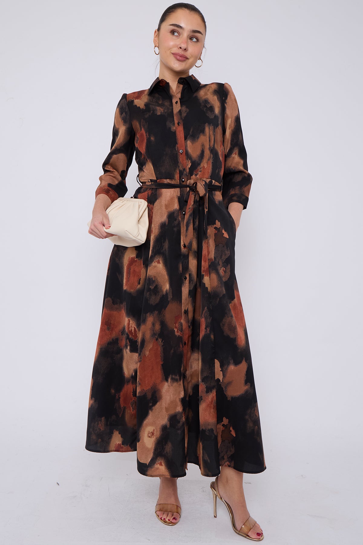 Brown Abstract Print Maxi Shirt Dress