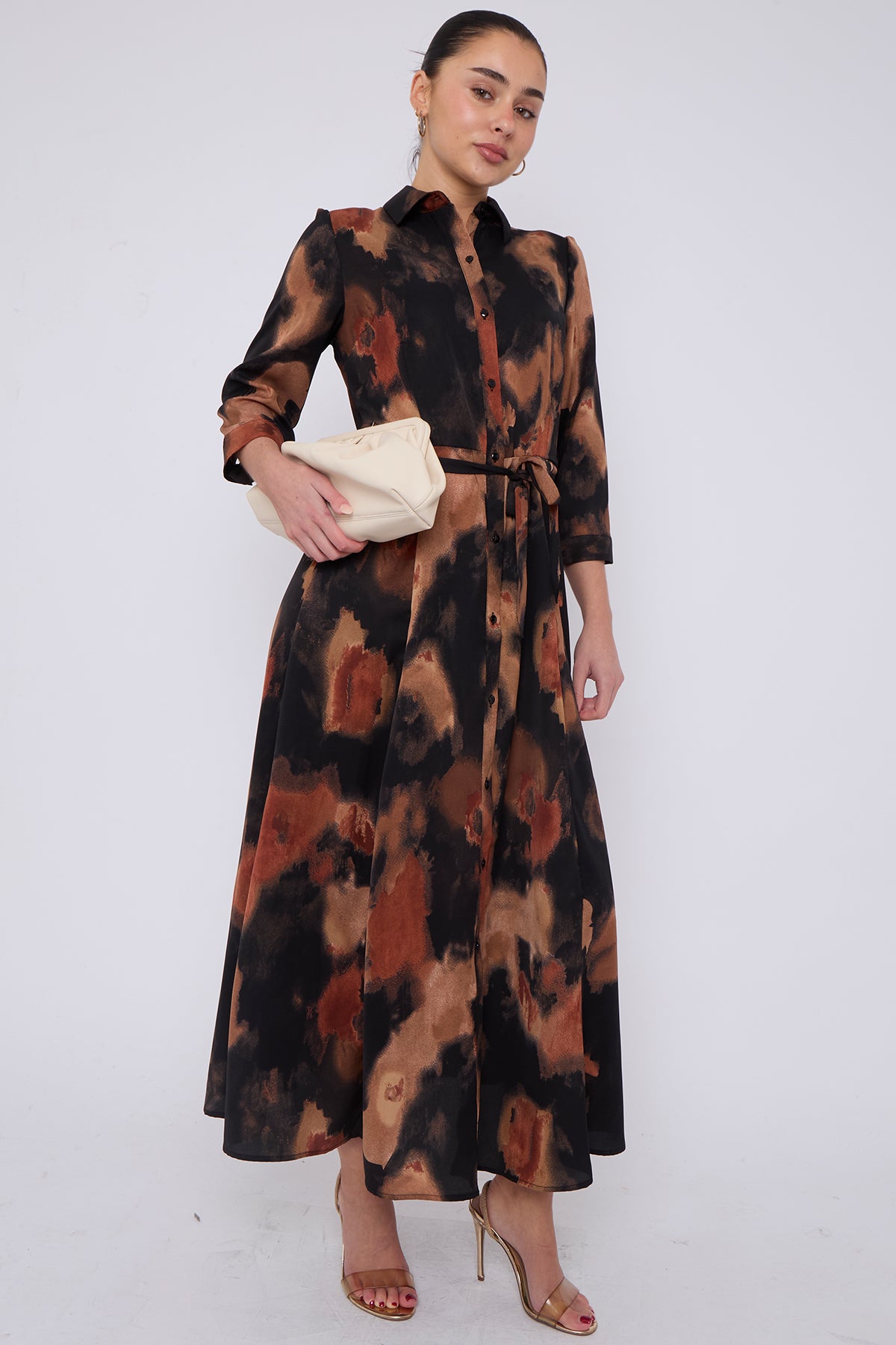 Brown Abstract Print Maxi Shirt Dress