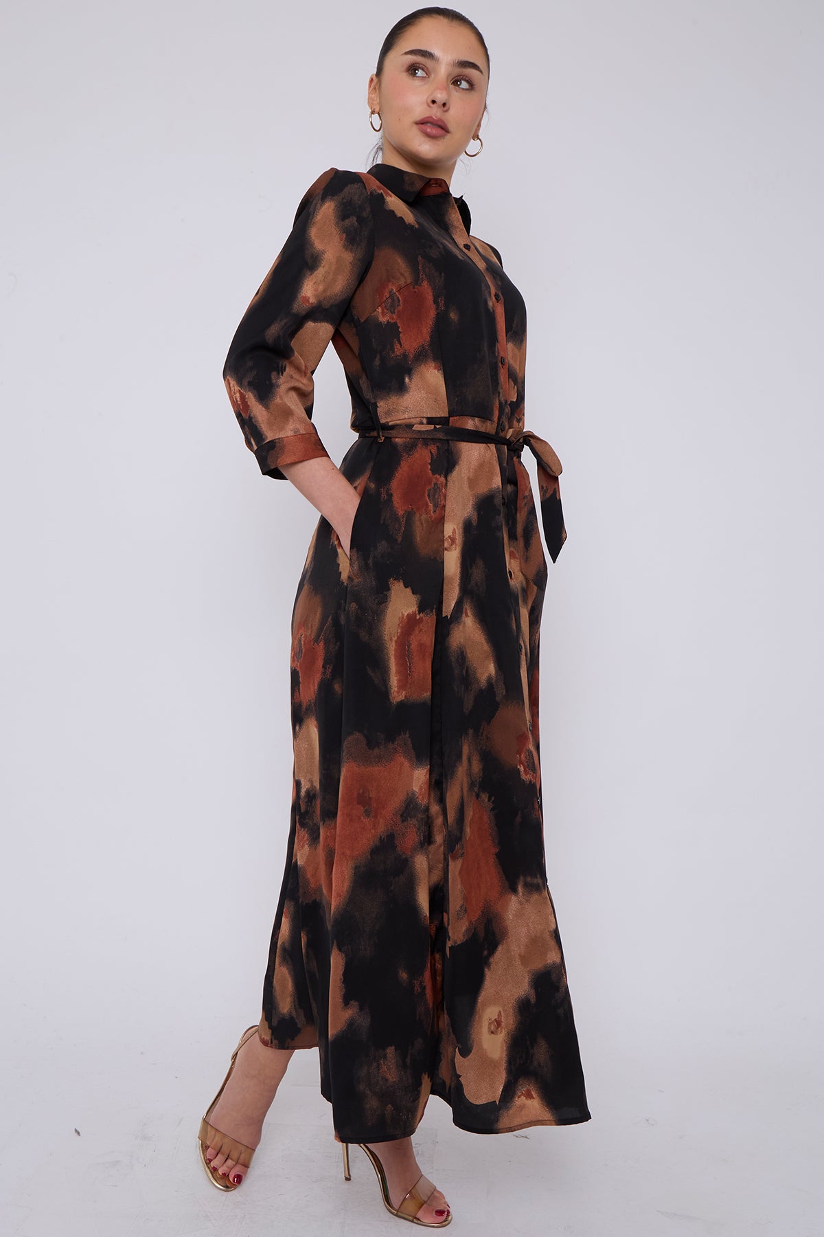 Brown Abstract Print Maxi Shirt Dress