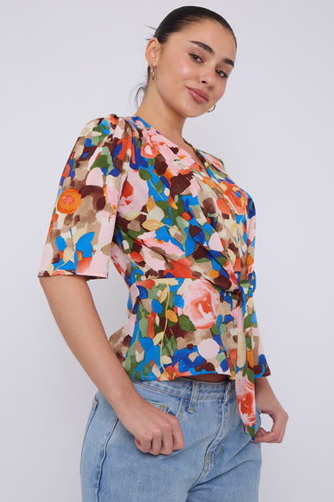 Orange Roses Print Short Sleeve Knotted Top