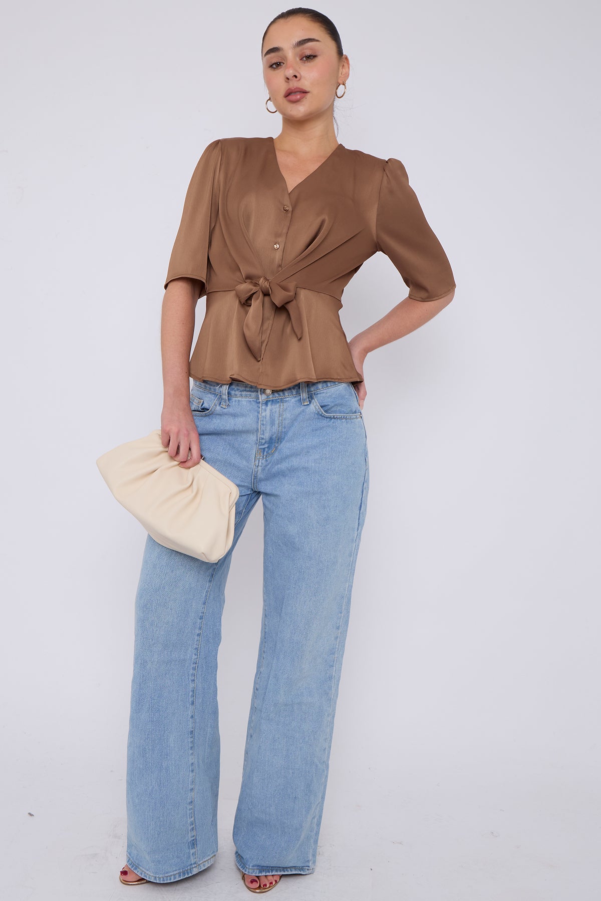 Mocha Short Sleeve Knotted Crepe Satin Top