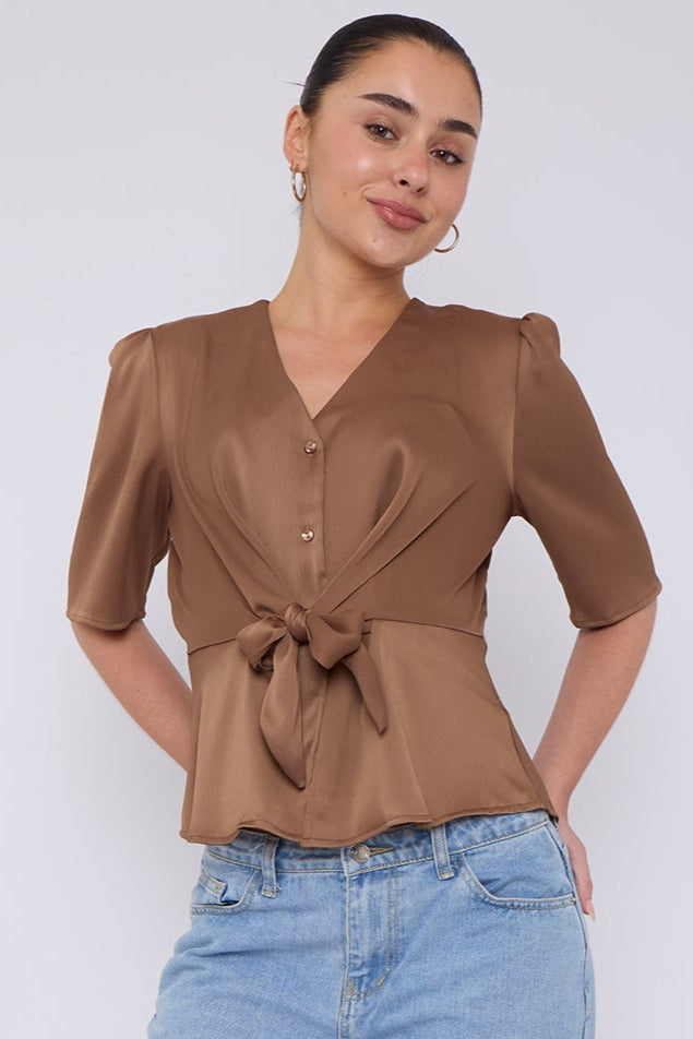 Mocha Short Sleeve Knotted Crepe Satin Top