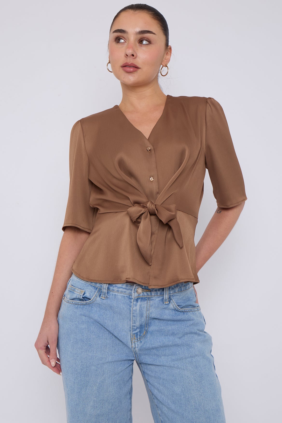 Mocha Short Sleeve Knotted Crepe Satin Top