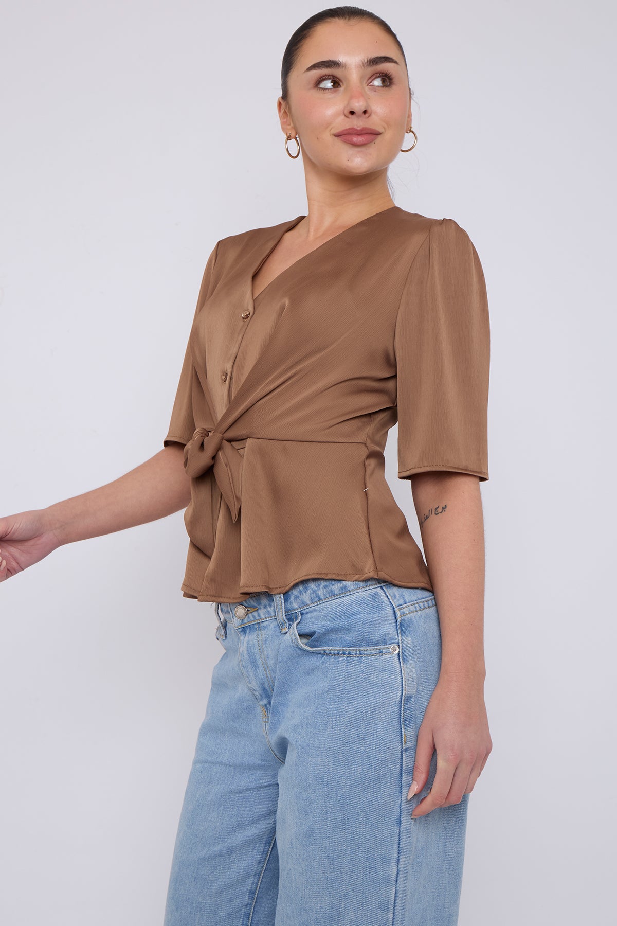Mocha Short Sleeve Knotted Crepe Satin Top