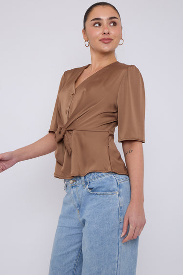 Mocha Short Sleeve Knotted Crepe Satin Top