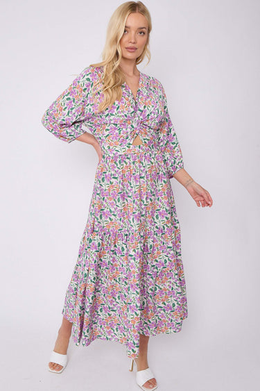 Purple Floral Print Knotted Quarter Sleeve Maxi Dress