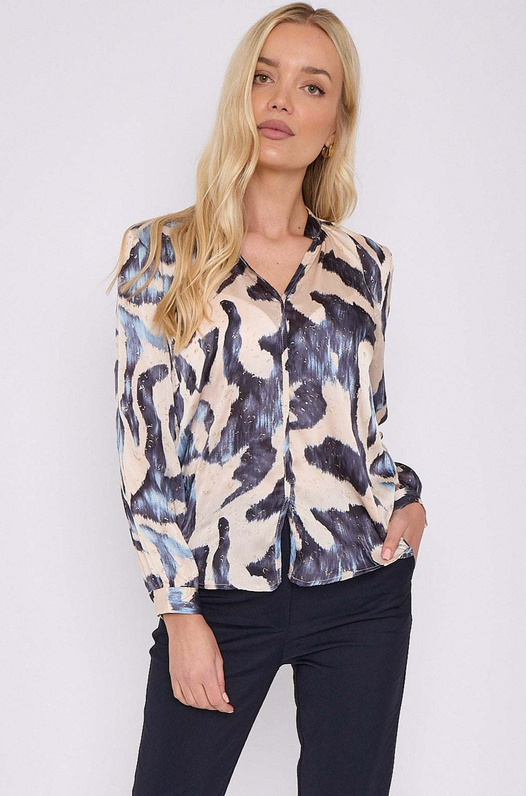 Blue Abstract Print Gold Dotted Blouse