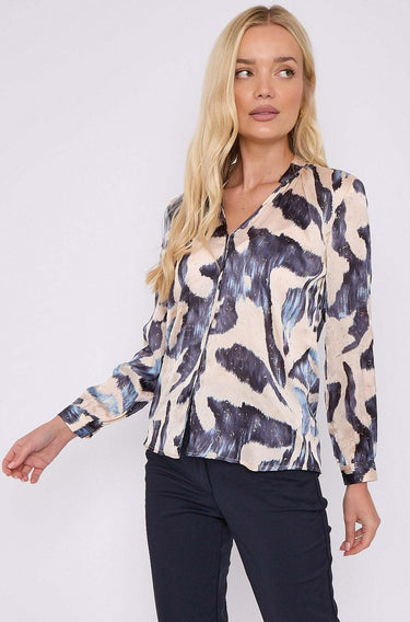 Blue Abstract Print Gold Dotted Blouse
