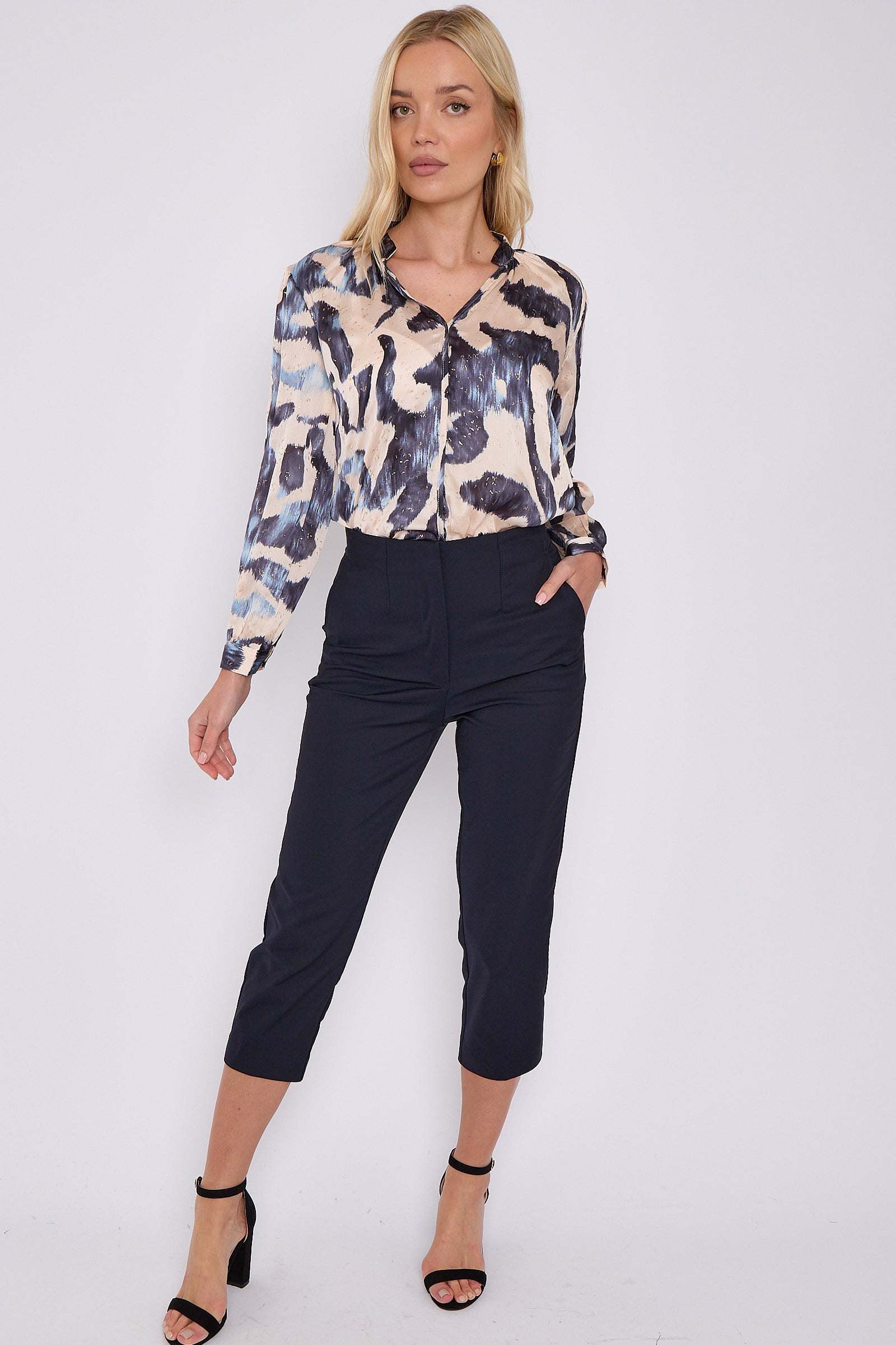 Blue Abstract Print Gold Dotted Blouse
