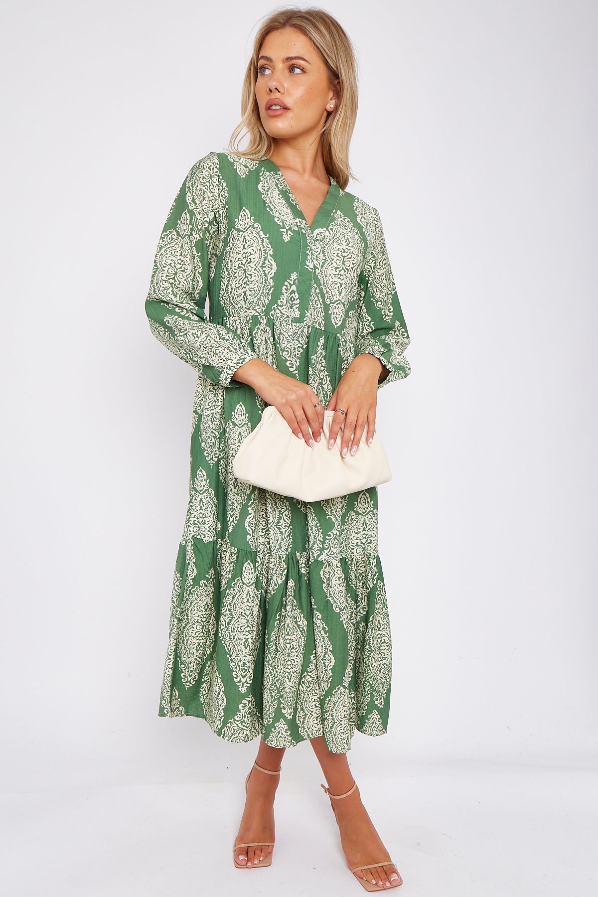 Green Damask Print Linen Textured Smock Midi Dress