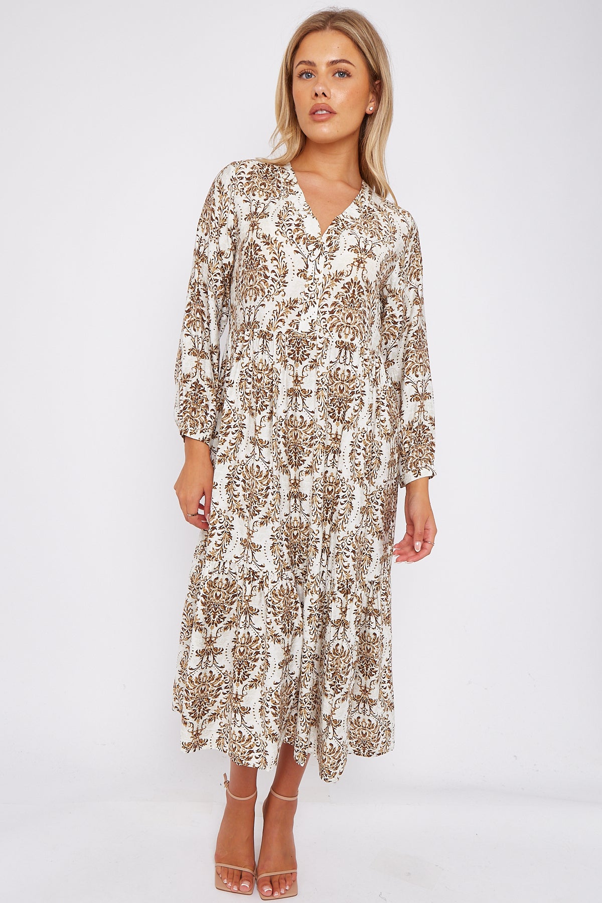 Brown Pattern print Linen Textured Smock Midi Dress