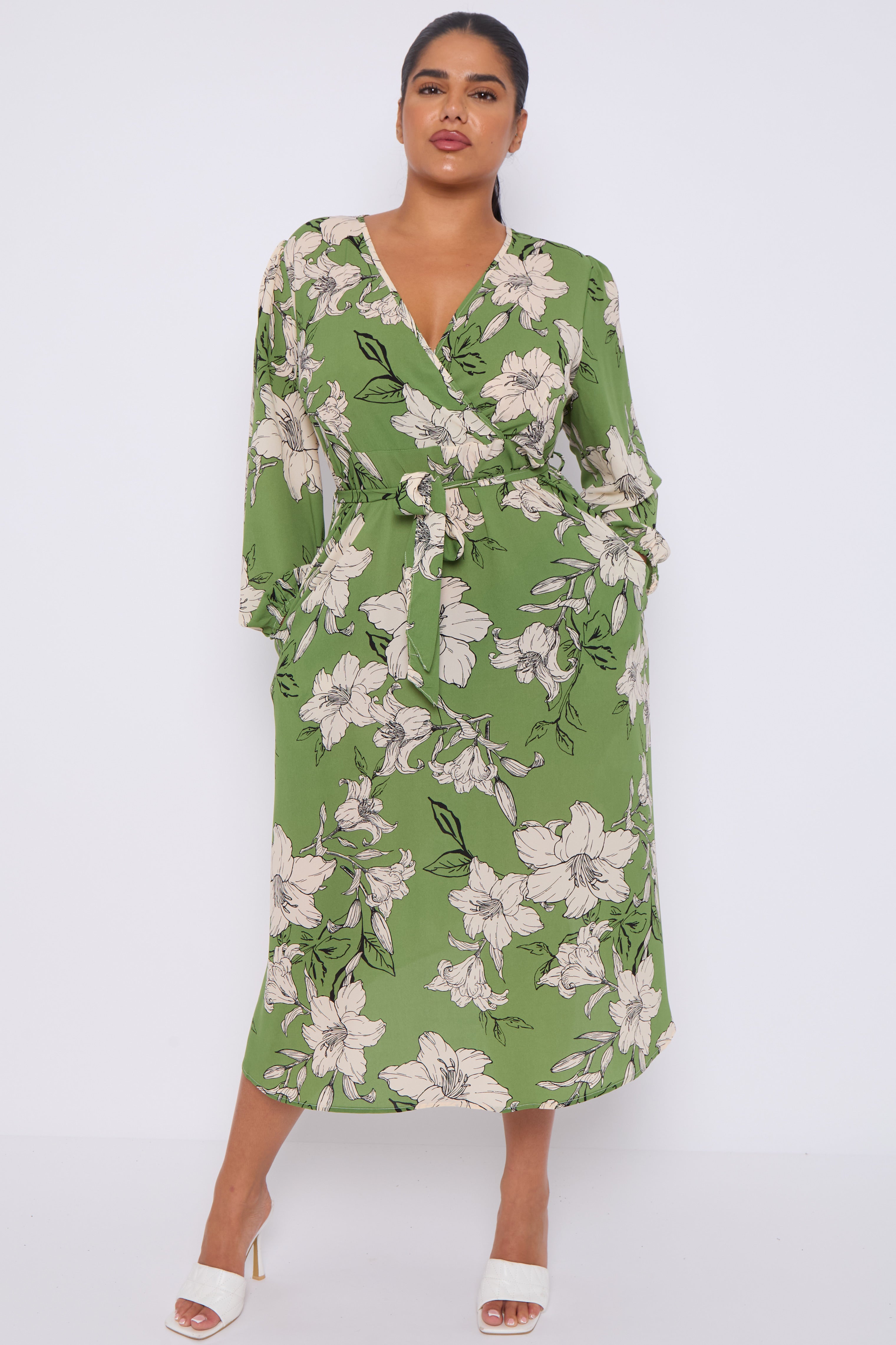 Green Floral Print Crossover Midi Dress