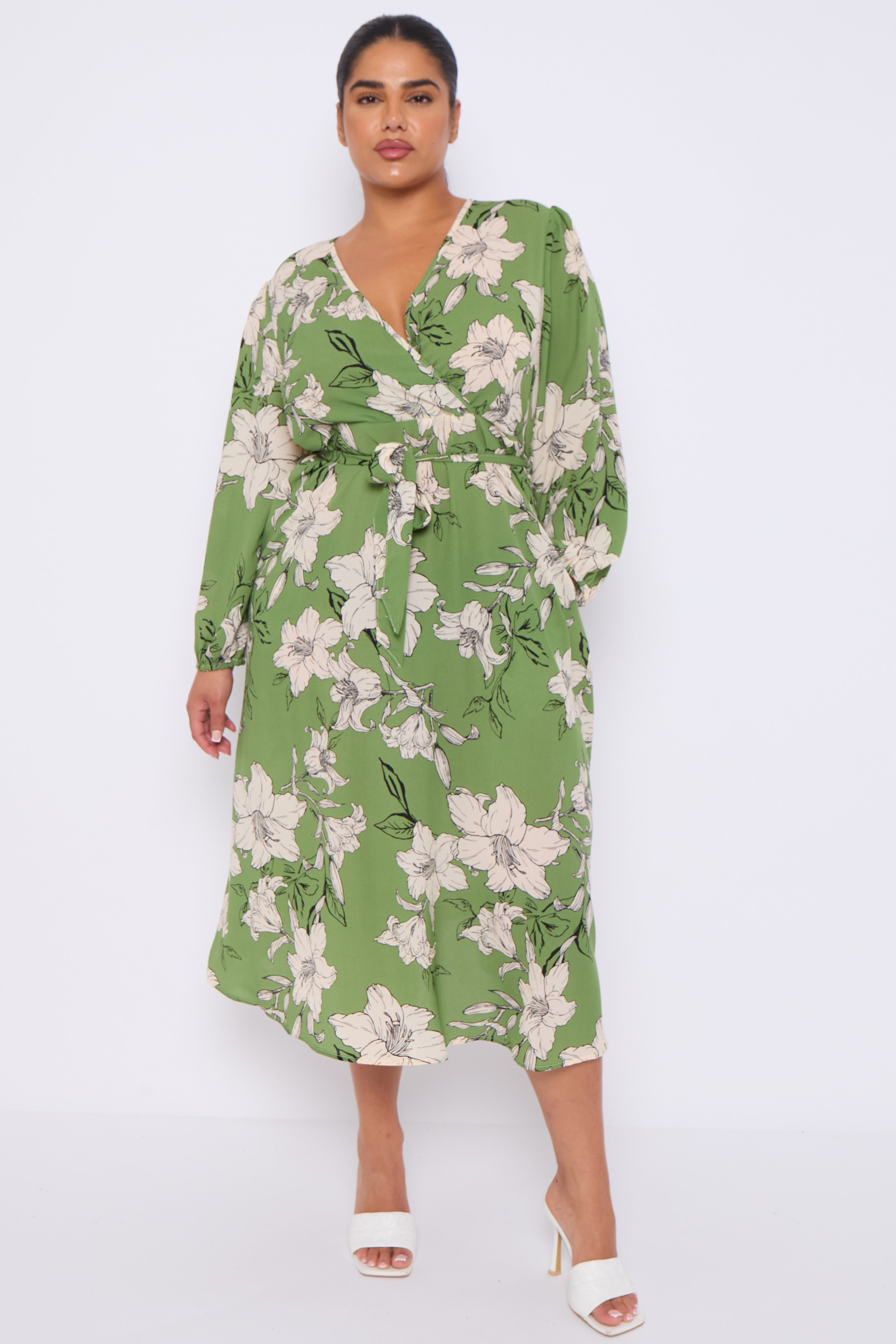 Green Floral Print Crossover Midi Dress