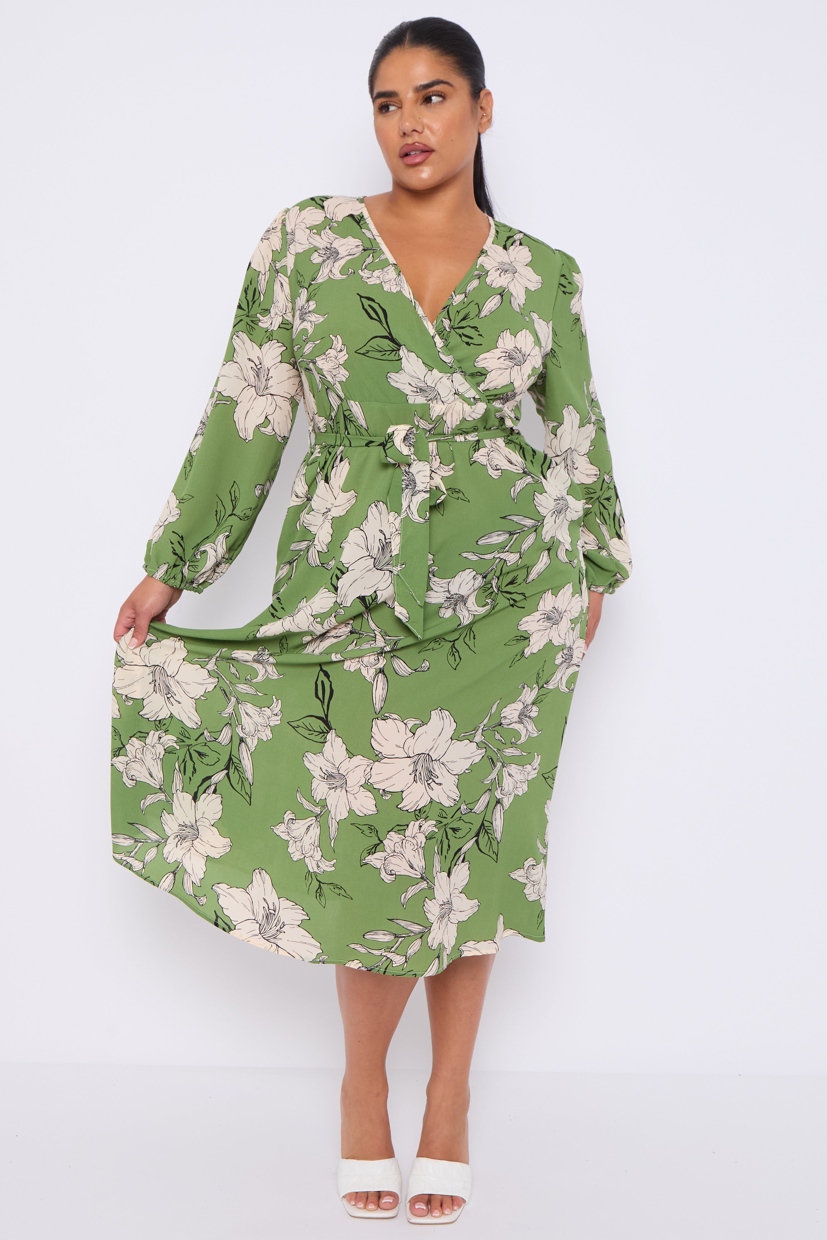 Green Floral Print Crossover Midi Dress