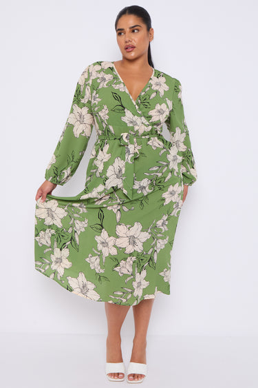 Green Floral Print Crossover Midi Dress