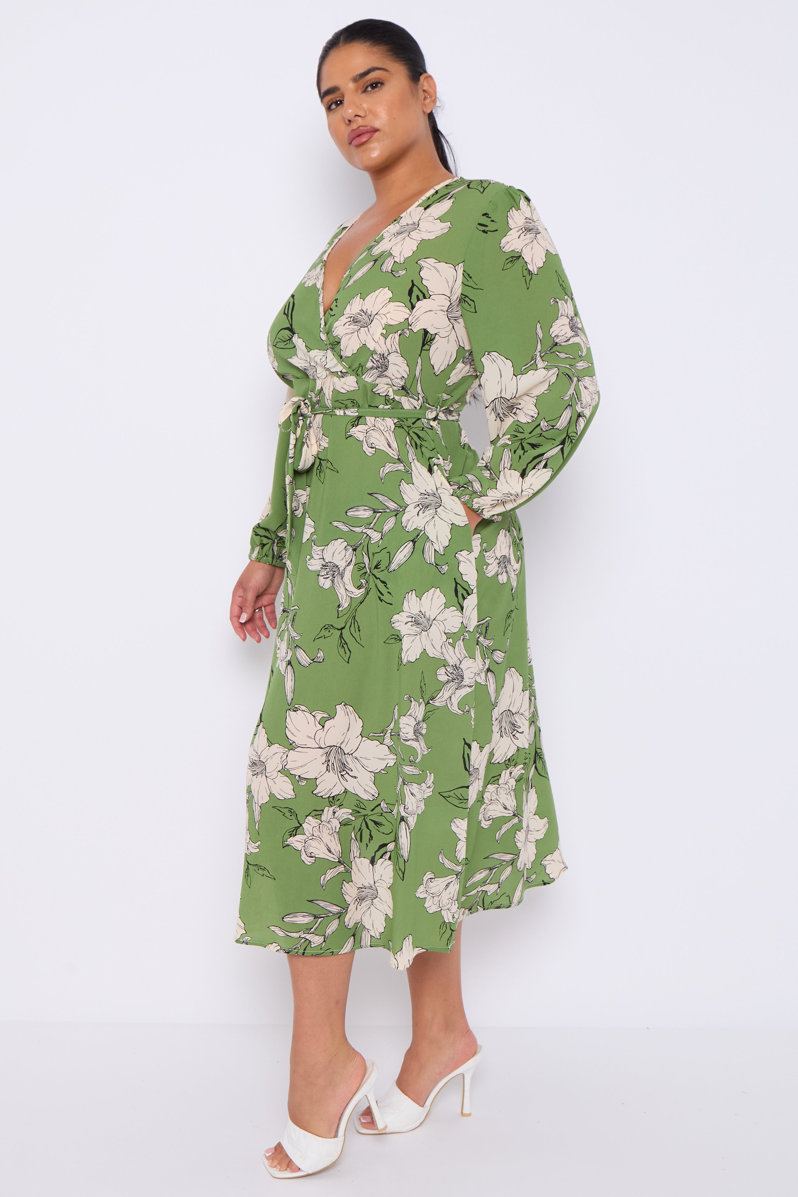 Green Floral Print Crossover Midi Dress