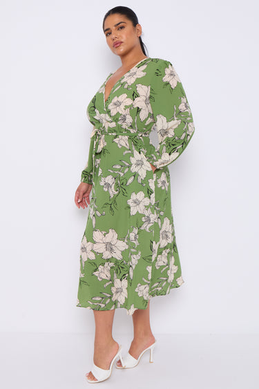 Green Floral Print Crossover Midi Dress
