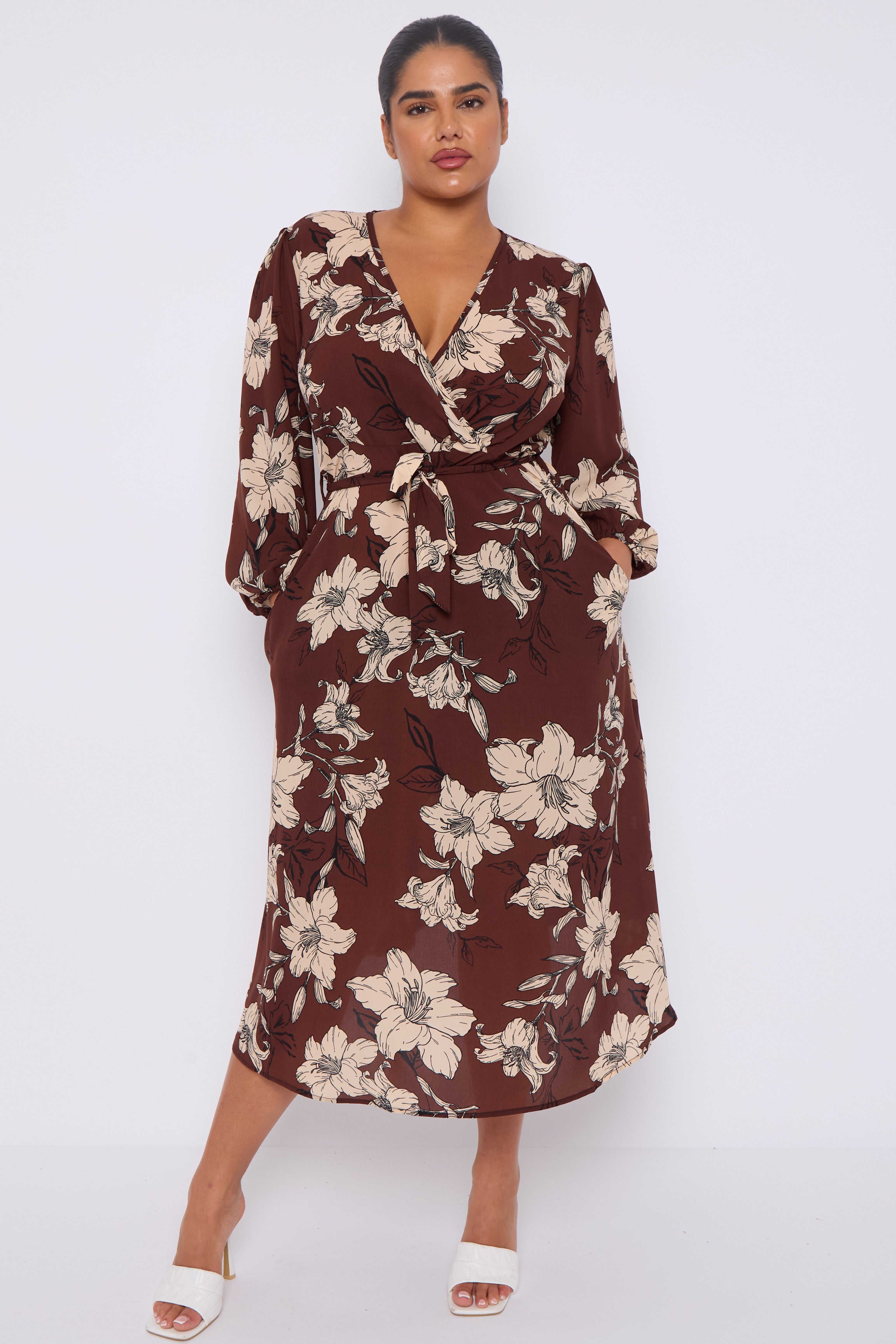 Brown Floral Print Crossover Midi Dress