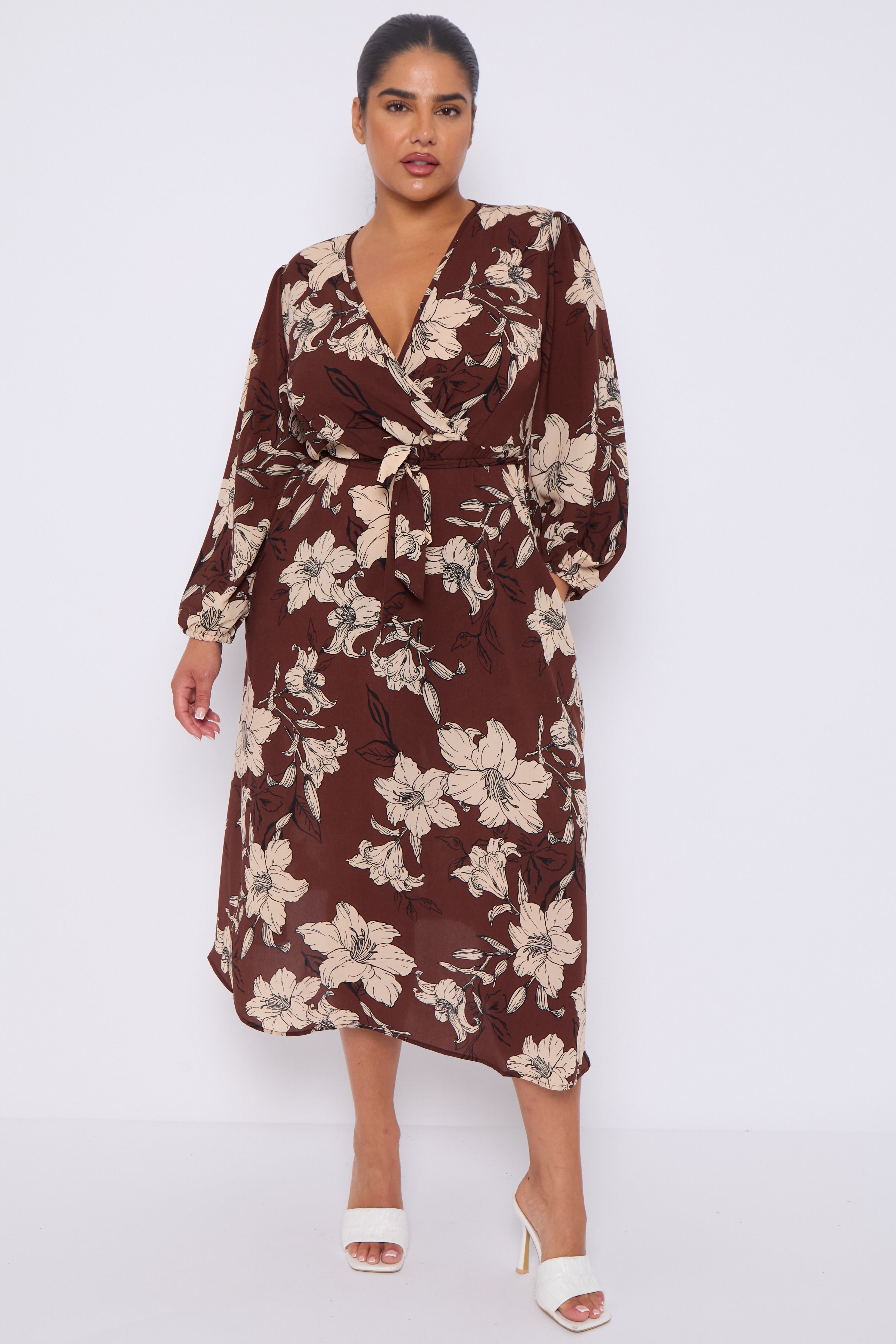 Brown Floral Print Crossover Midi Dress