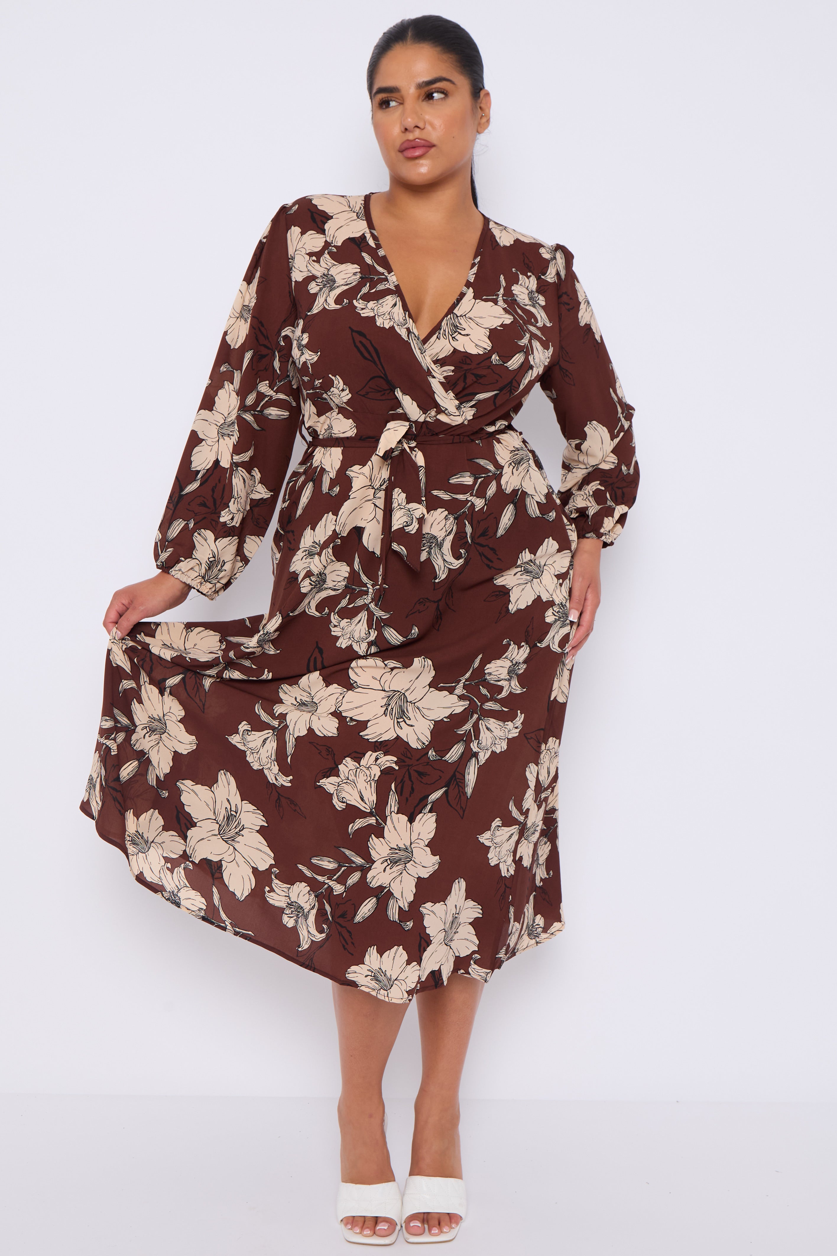 Brown Floral Print Crossover Midi Dress