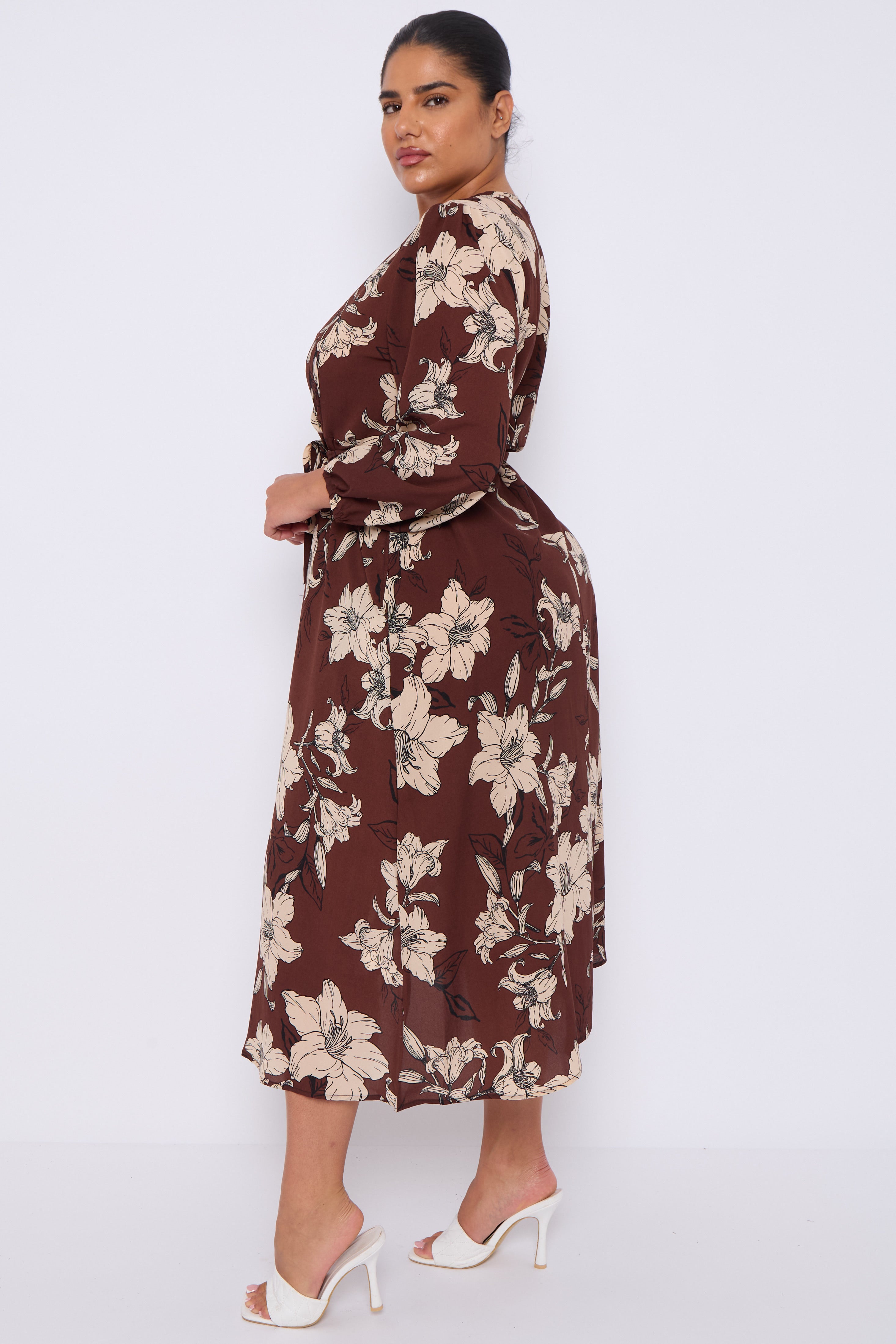 Brown Floral Print Crossover Midi Dress